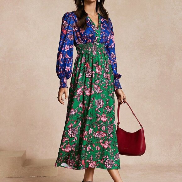 Multicolor Boho Women's Fitted Spliced Print Dress - Picture 4 of 6